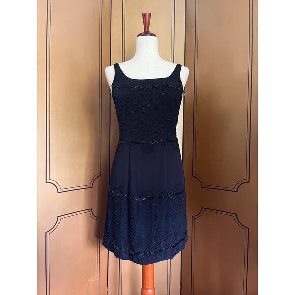 Mini black silk dress embroidered with pearls by Adrianna Papell, size 4 - Picture 1 of 7